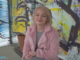 Public Agent amatuer teen with short blonde hair chatted up at busstop and taken to basement to get fucked by big cock