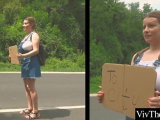 Charming lezbiýanka picks up charming hitch hiker and plays with her