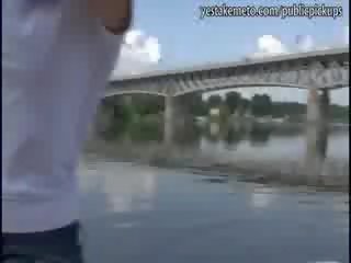 Real amateur brunette has x rated clip in public in a boat and eats the cum